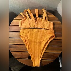 Orange Highwaist Ribbed Bikini with Strappy Detail